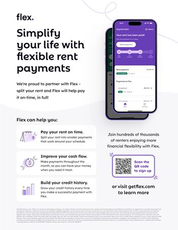 An advertisement for Flex, a service that simplifies life with flexible rent payments, showing a phone with a payment app interface.